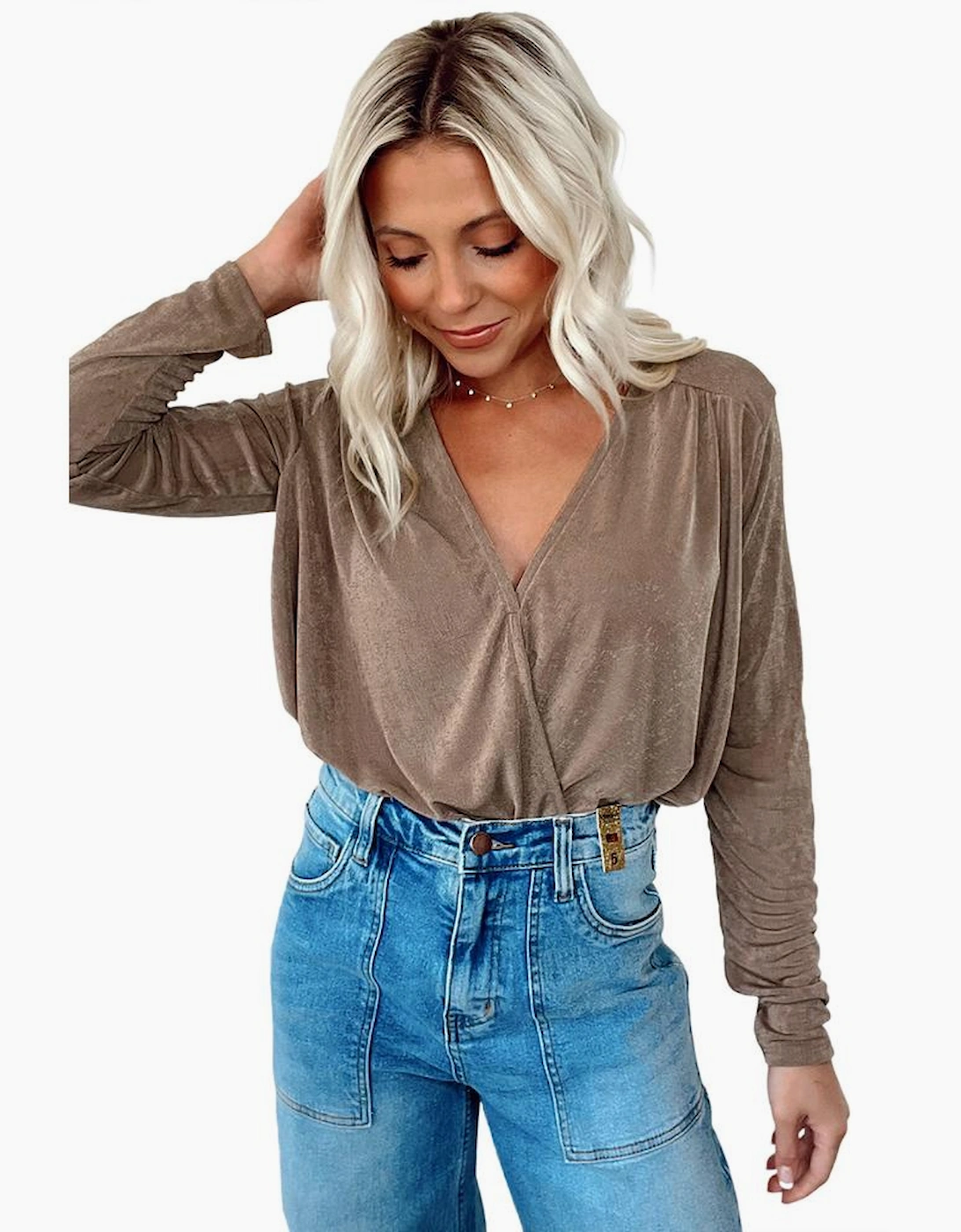 khaki Wrap V Neck Pleated Long Sleeve Bodysuit