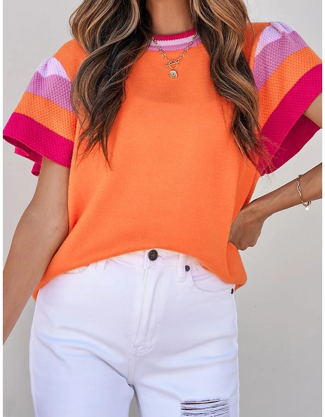 Carrot Contrast Flutter Sleeves Knitted Sweater T Shirt