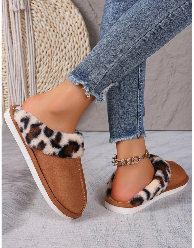 Chestnut Leopard Patched Plush Lined Thick Home Slippers