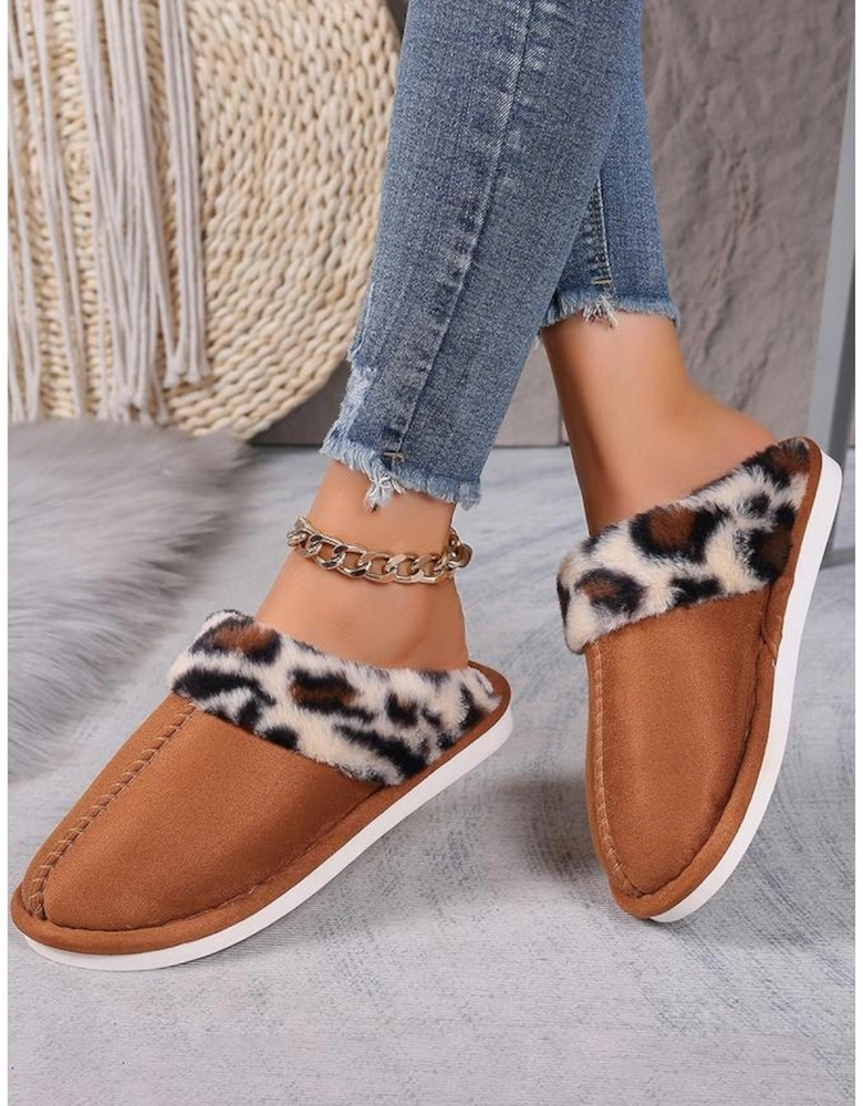 Chestnut Leopard Patched Plush Lined Thick Home Slippers