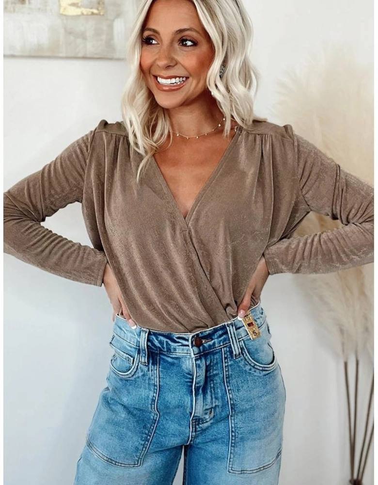 khaki Wrap V Neck Pleated Long Sleeve Bodysuit
