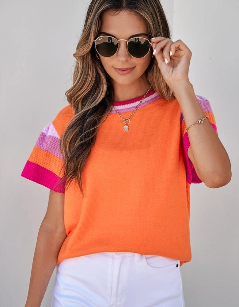 Carrot Contrast Flutter Sleeves Knitted Sweater T Shirt
