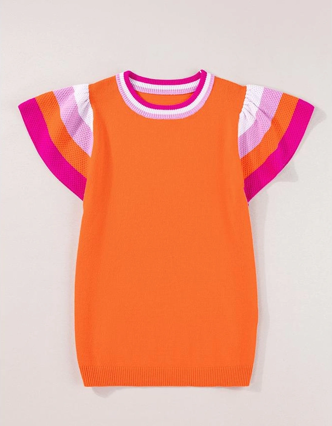 Carrot Contrast Flutter Sleeves Knitted Sweater T Shirt