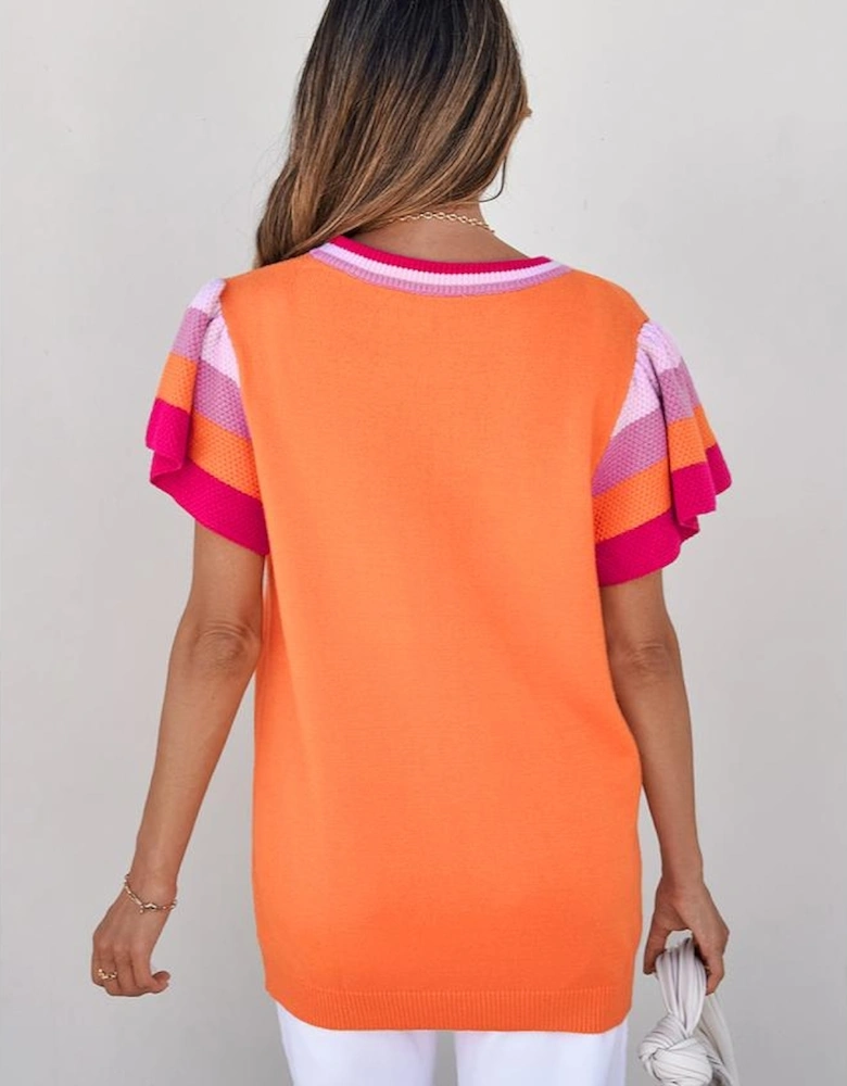 Carrot Contrast Flutter Sleeves Knitted Sweater T Shirt