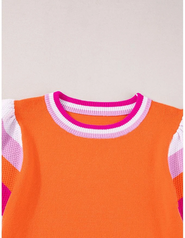 Carrot Contrast Flutter Sleeves Knitted Sweater T Shirt