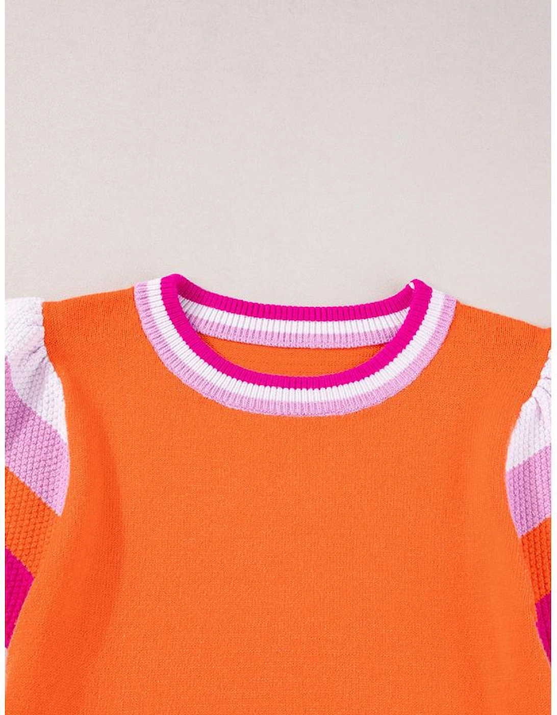 Carrot Contrast Flutter Sleeves Knitted Sweater T Shirt