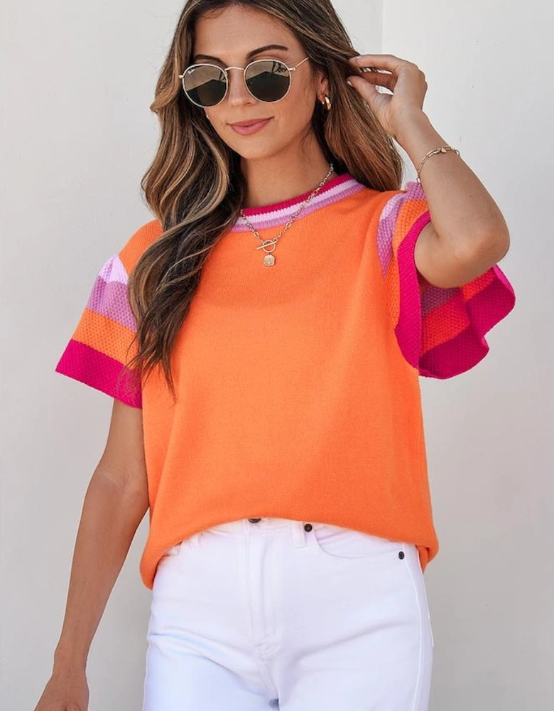Carrot Contrast Flutter Sleeves Knitted Sweater T Shirt