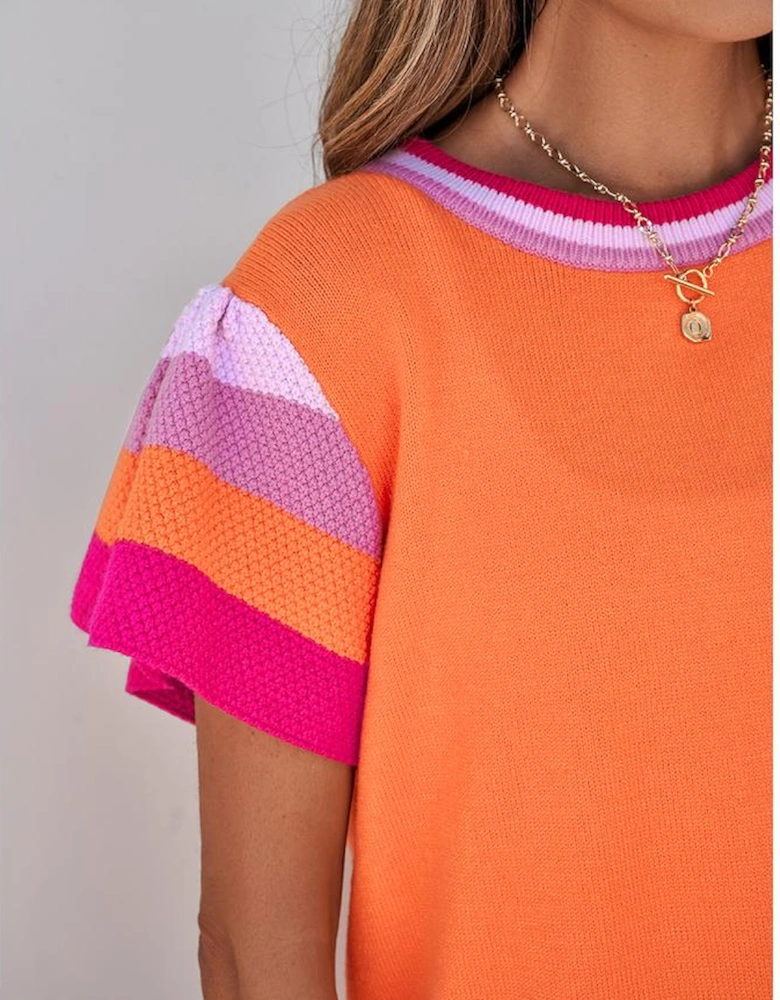 Carrot Contrast Flutter Sleeves Knitted Sweater T Shirt
