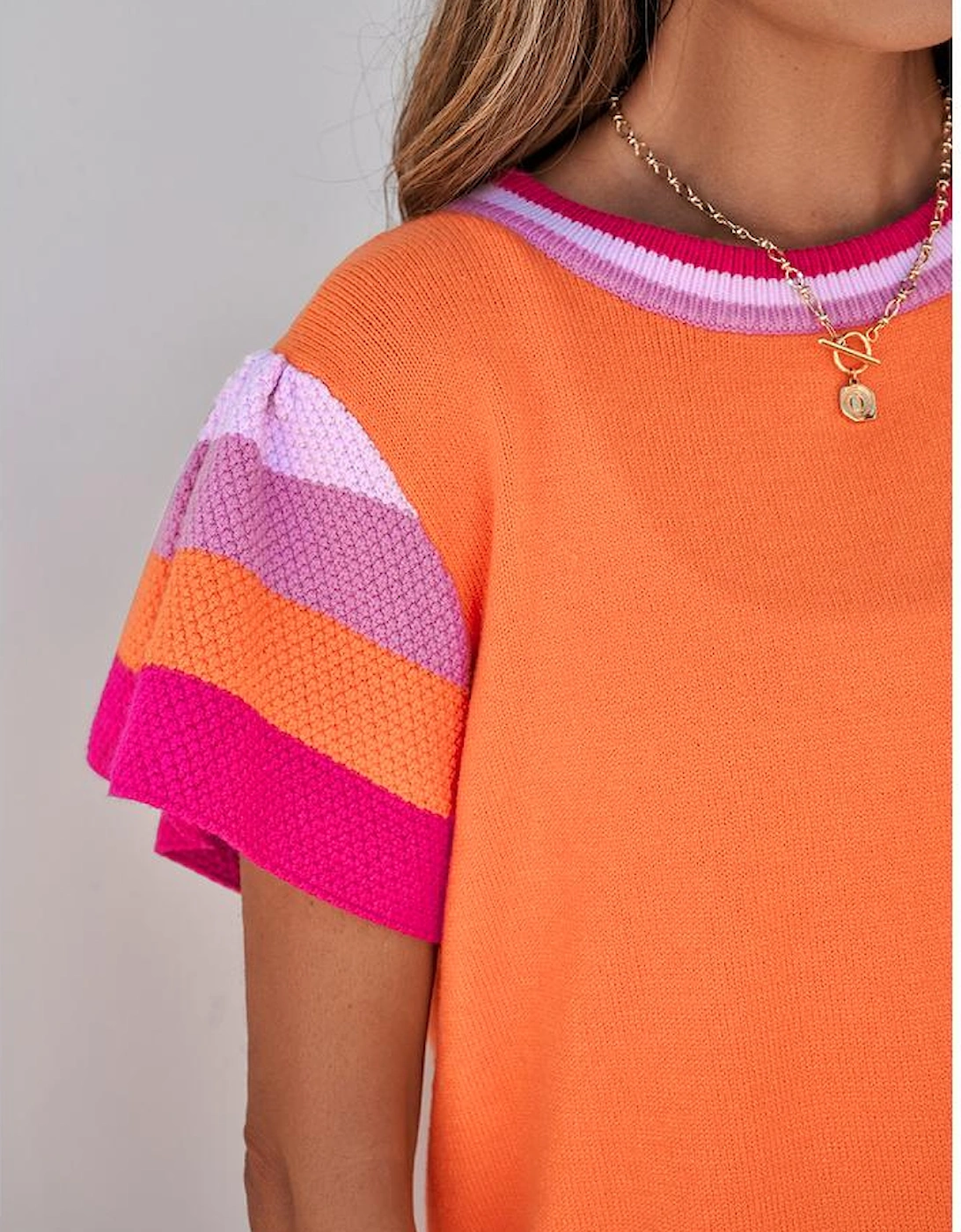 Carrot Contrast Flutter Sleeves Knitted Sweater T Shirt