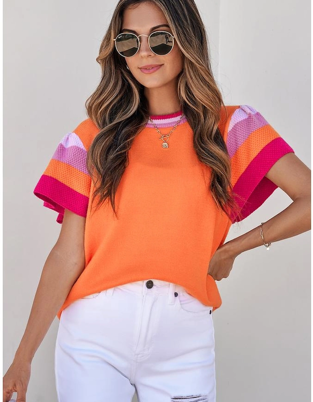 Carrot Contrast Flutter Sleeves Knitted Sweater T Shirt