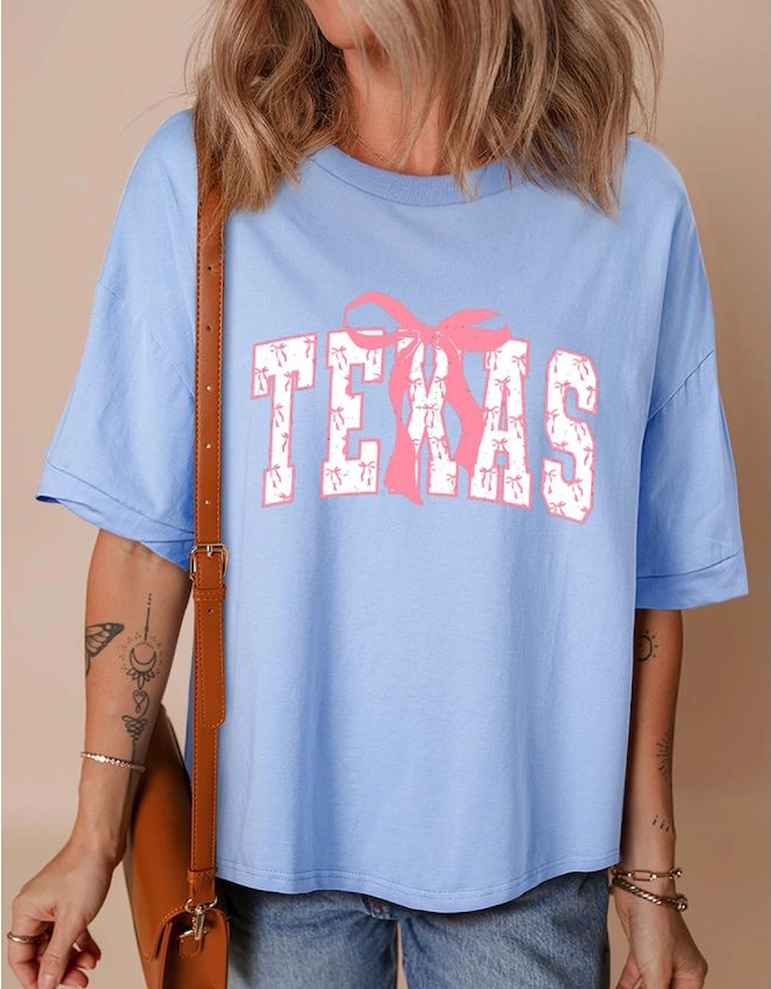 Myosotis TEXAS Bow Graphic Half Sleeve Drop Shoulder Loose Tee