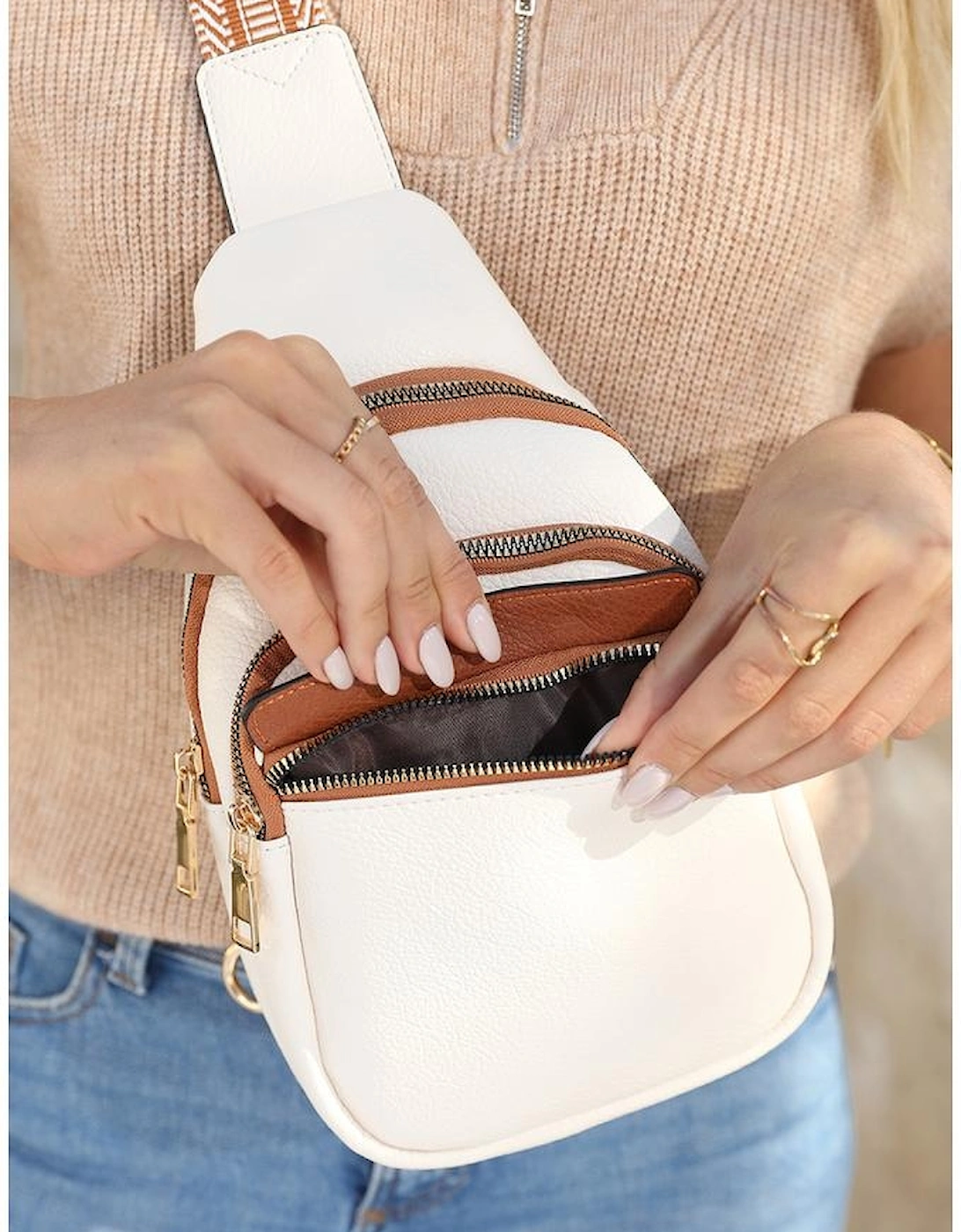 Azura Exchange White Multi Zipped Street Casual Sling Bag