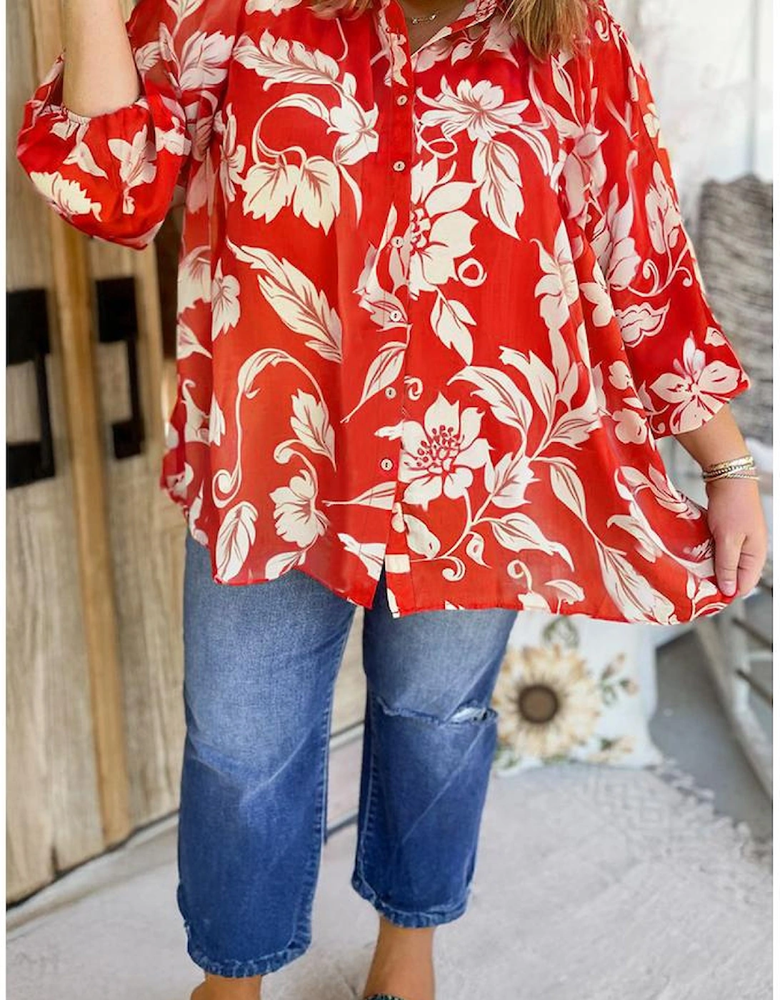 Red Plus Size Floral Print Loose Button Up Shirt
