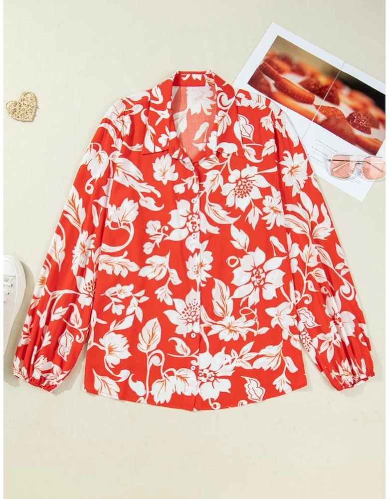 Red Plus Size Floral Print Loose Button Up Shirt