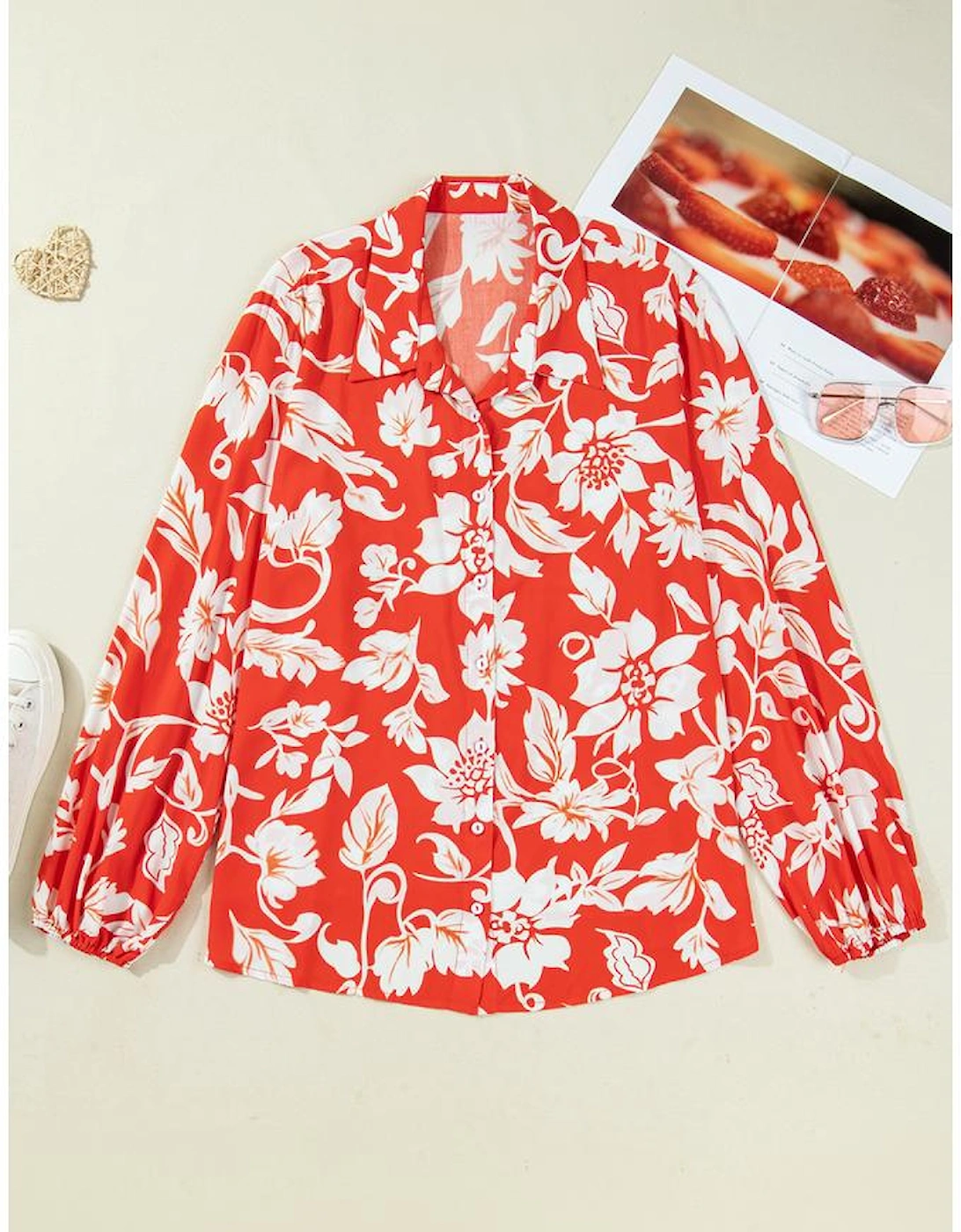 Red Plus Size Floral Print Loose Button Up Shirt