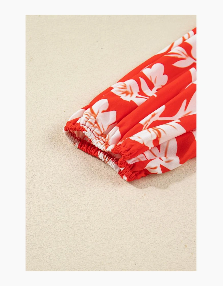 Red Plus Size Floral Print Loose Button Up Shirt