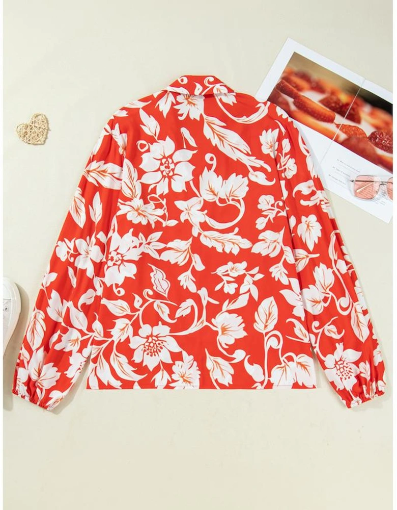 Red Plus Size Floral Print Loose Button Up Shirt