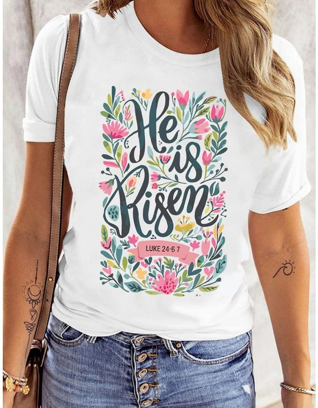 White He is Risen Floral Printed T Shirt