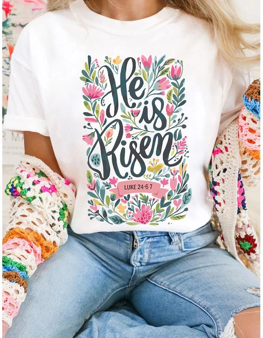 White He is Risen Floral Printed T Shirt