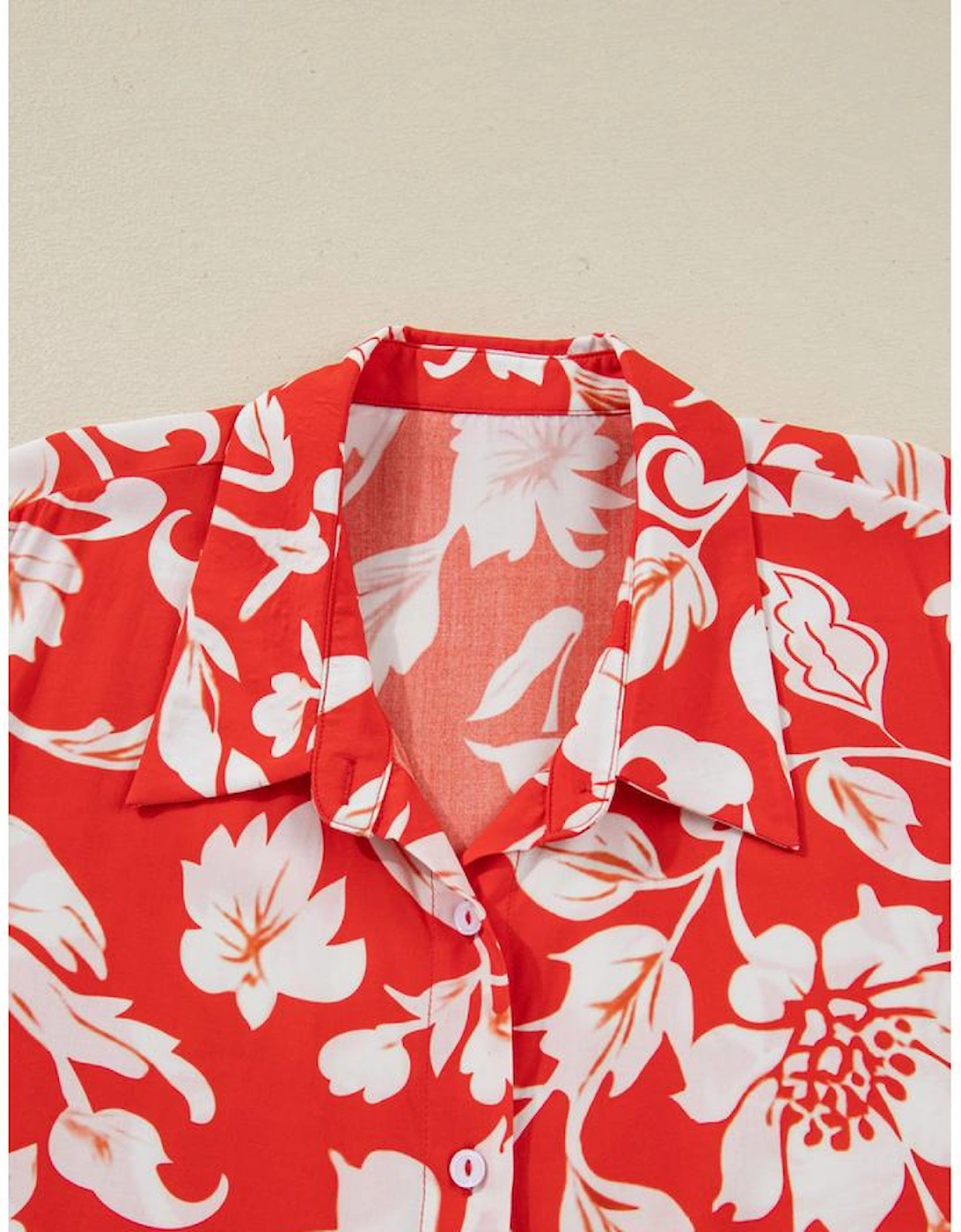 Red Plus Size Floral Print Loose Button Up Shirt