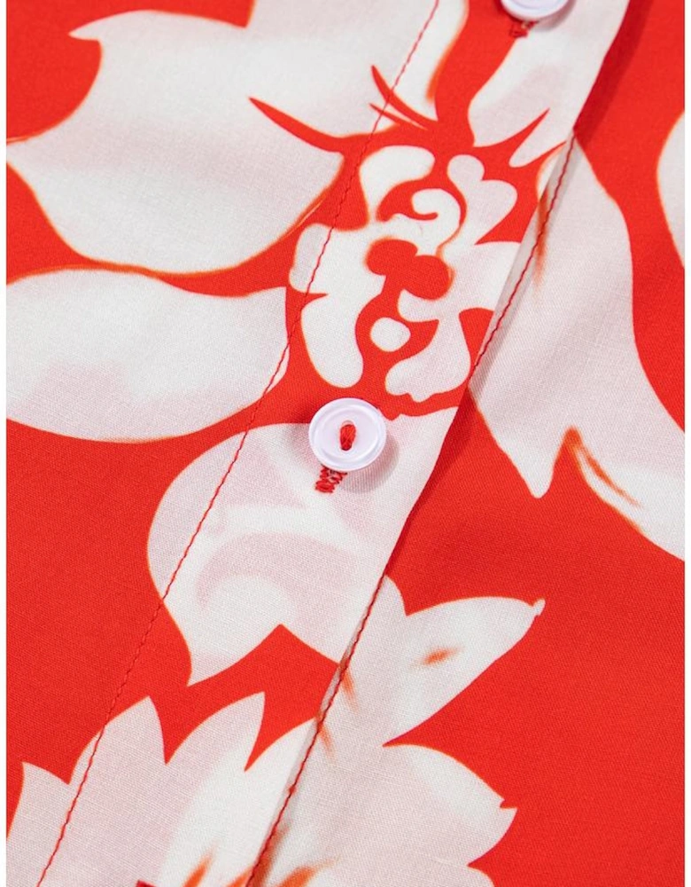 Red Plus Size Floral Print Loose Button Up Shirt