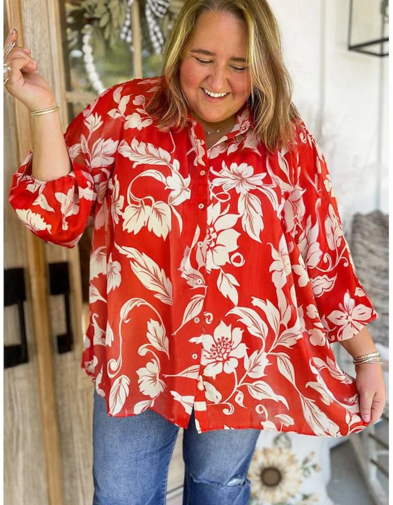 Red Plus Size Floral Print Loose Button Up Shirt