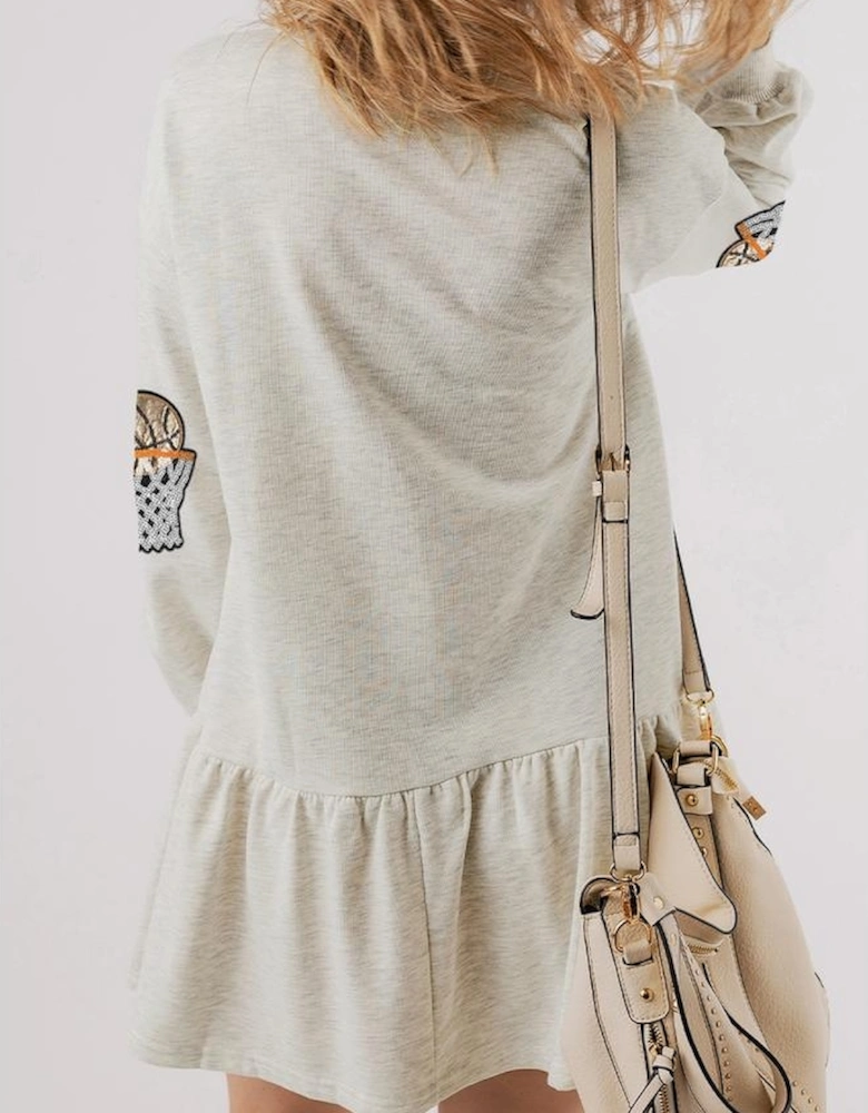 White Sequined Basketball Patched Ruffled Long Sleeve Mini Dress