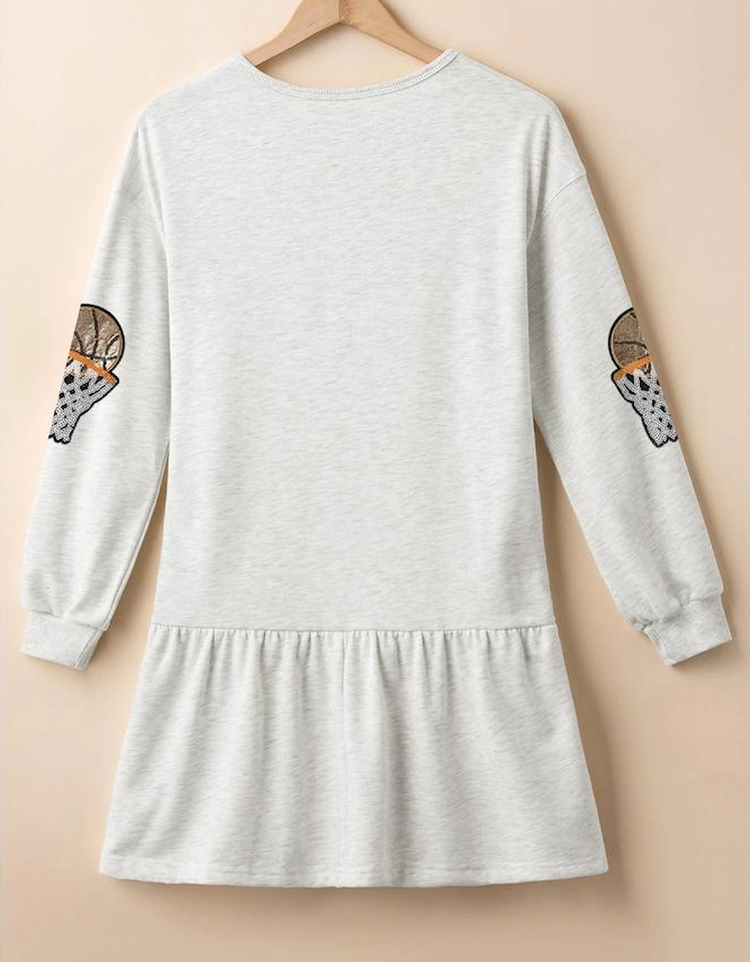 White Sequined Basketball Patched Ruffled Long Sleeve Mini Dress