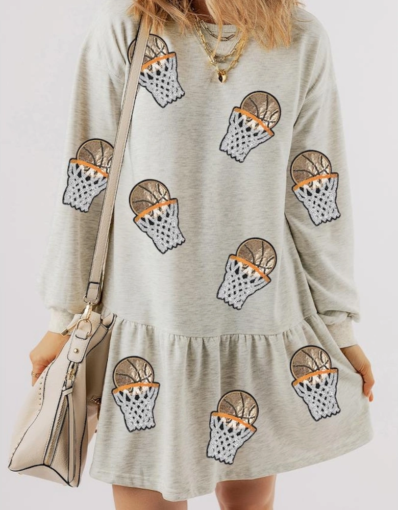 White Sequined Basketball Patched Ruffled Long Sleeve Mini Dress