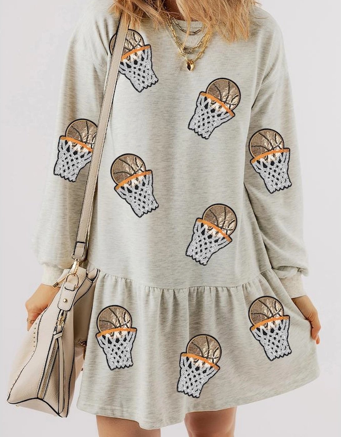 White Sequined Basketball Patched Ruffled Long Sleeve Mini Dress