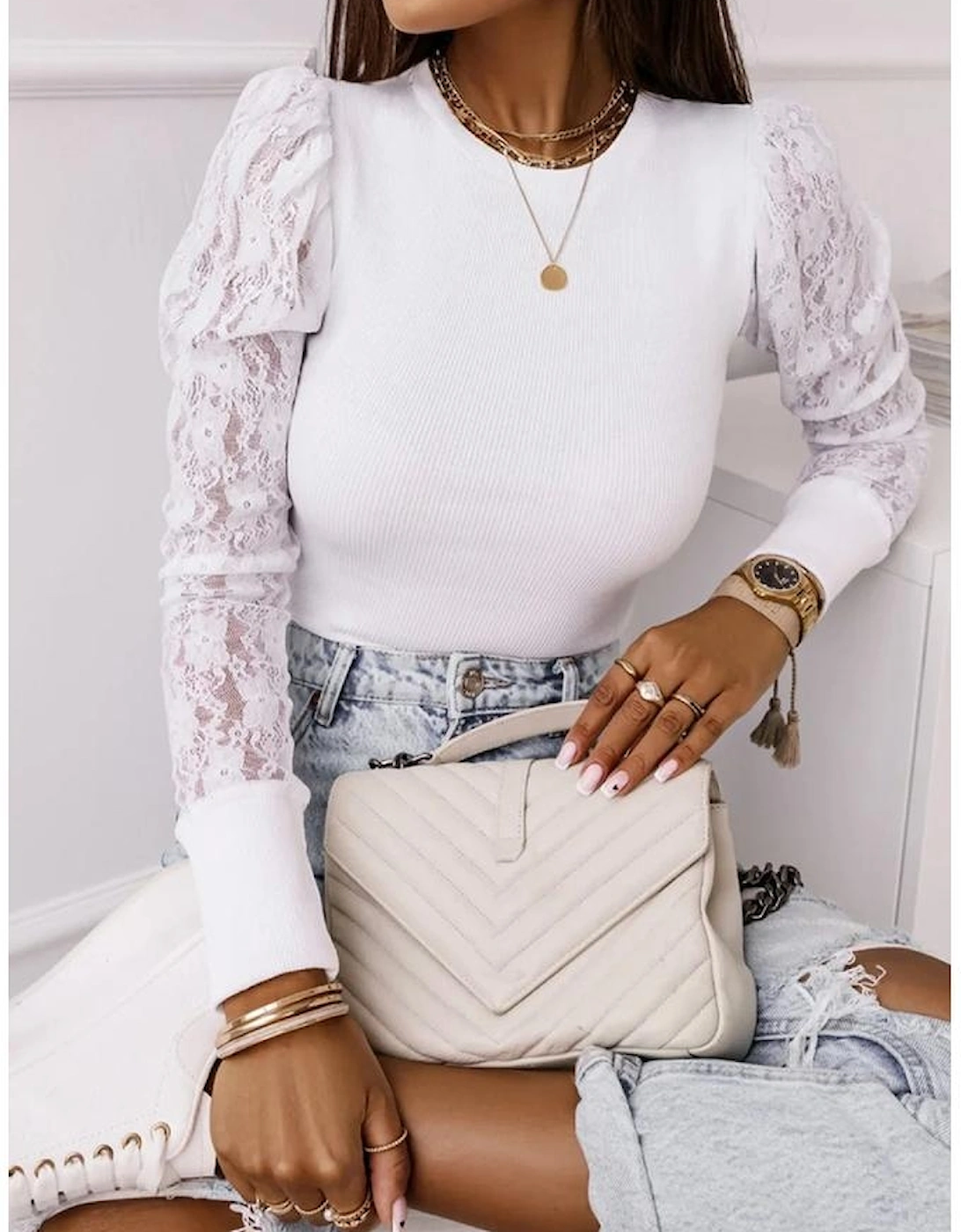 White Lace Splicing Sleeve Ribbed Slim Top