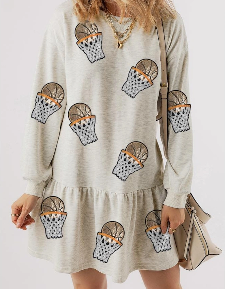 White Sequined Basketball Patched Ruffled Long Sleeve Mini Dress