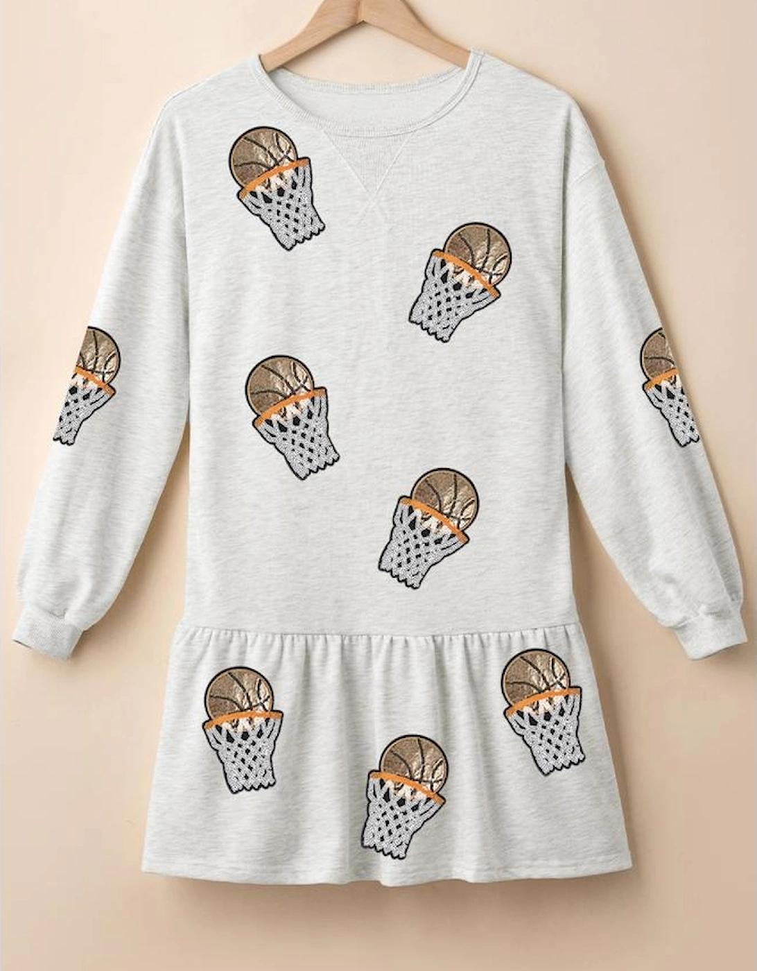 White Sequined Basketball Patched Ruffled Long Sleeve Mini Dress