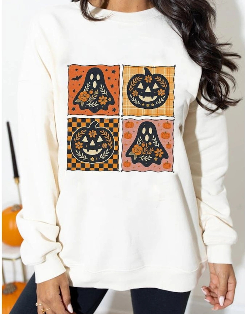 White Halloween Ghost Pumpkin Face Floral Checkered Graphic Sweatshirt