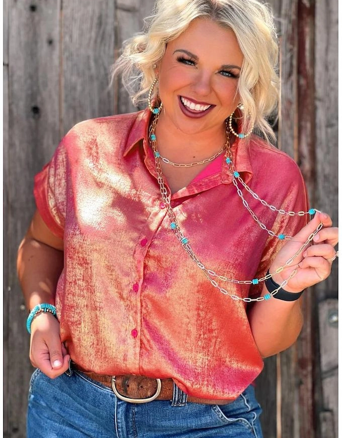 Rose Red Plus Size Metallic Sheen Short Sleeve Button Up Shirt