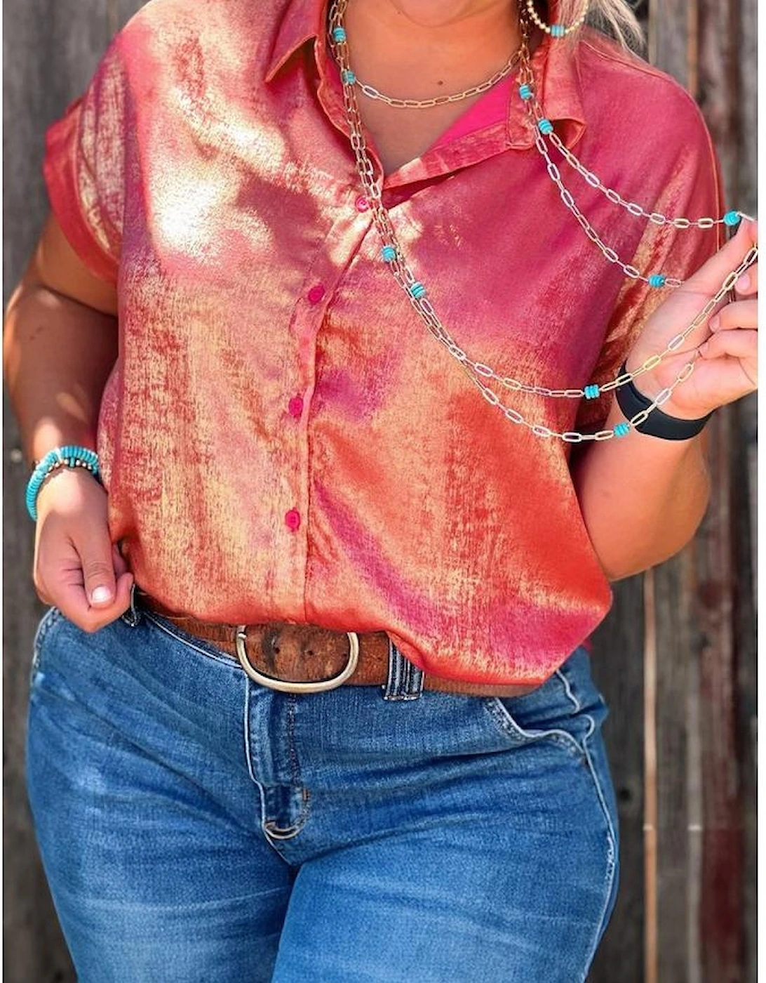 Rose Red Plus Size Metallic Sheen Short Sleeve Button Up Shirt, 15 of 14