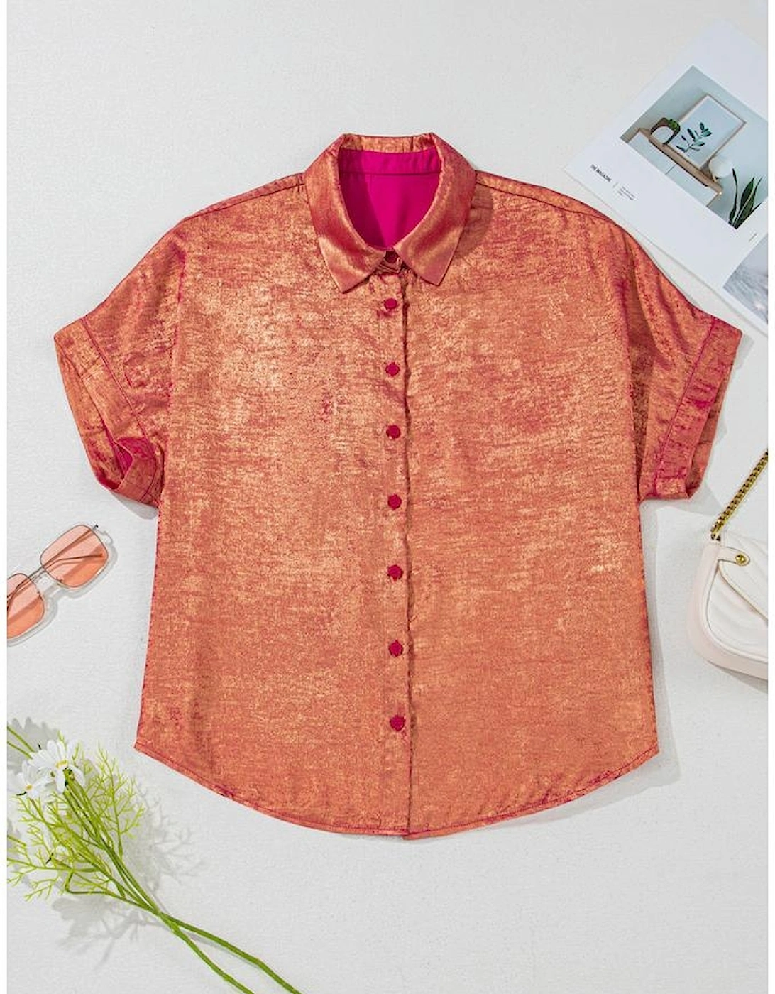 Rose Red Plus Size Metallic Sheen Short Sleeve Button Up Shirt