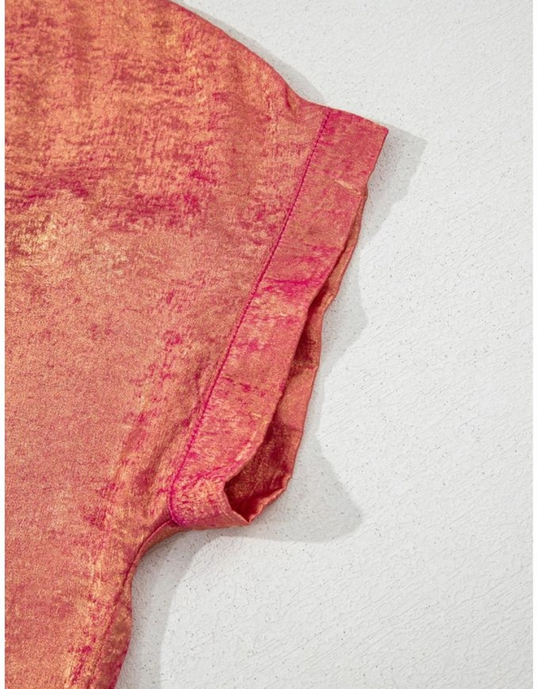 Rose Red Plus Size Metallic Sheen Short Sleeve Button Up Shirt