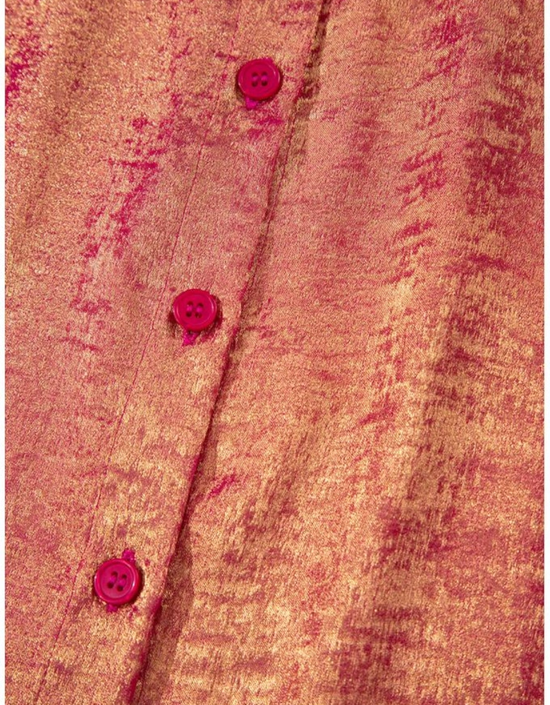 Rose Red Plus Size Metallic Sheen Short Sleeve Button Up Shirt