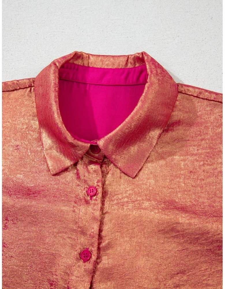 Rose Red Plus Size Metallic Sheen Short Sleeve Button Up Shirt