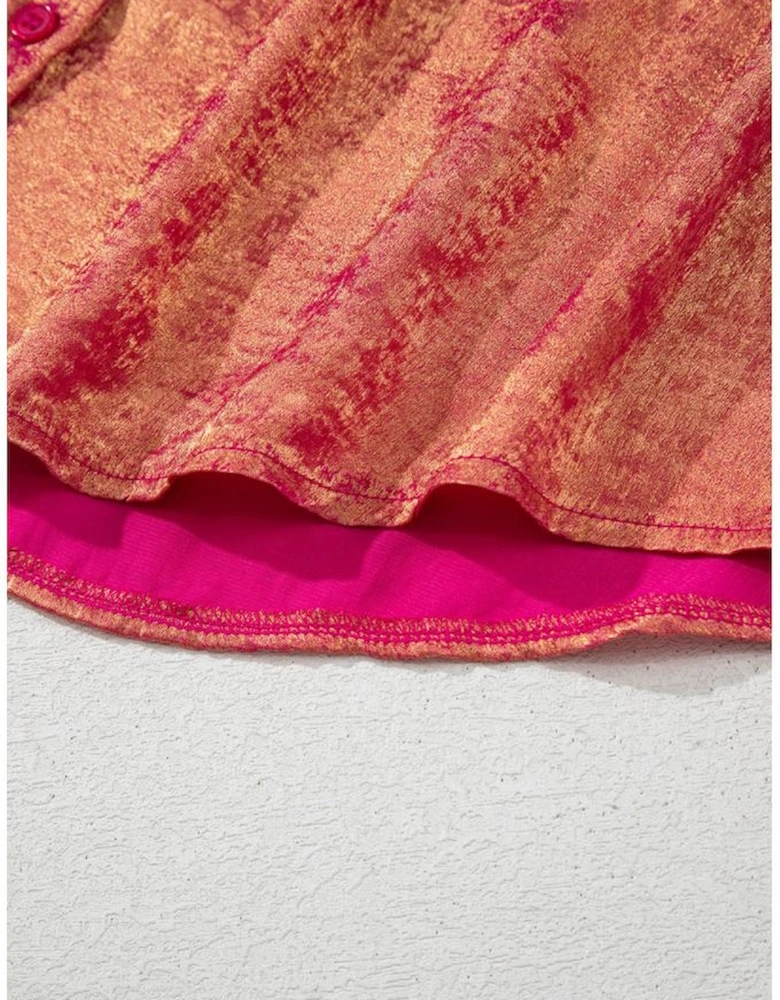 Rose Red Plus Size Metallic Sheen Short Sleeve Button Up Shirt