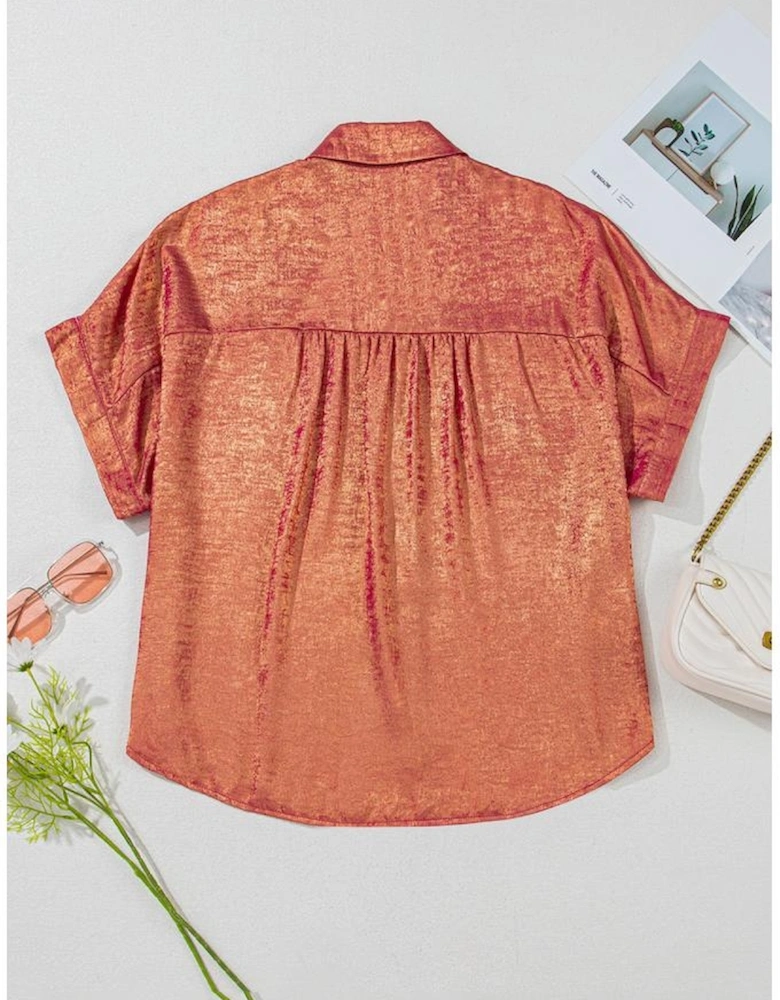 Rose Red Plus Size Metallic Sheen Short Sleeve Button Up Shirt