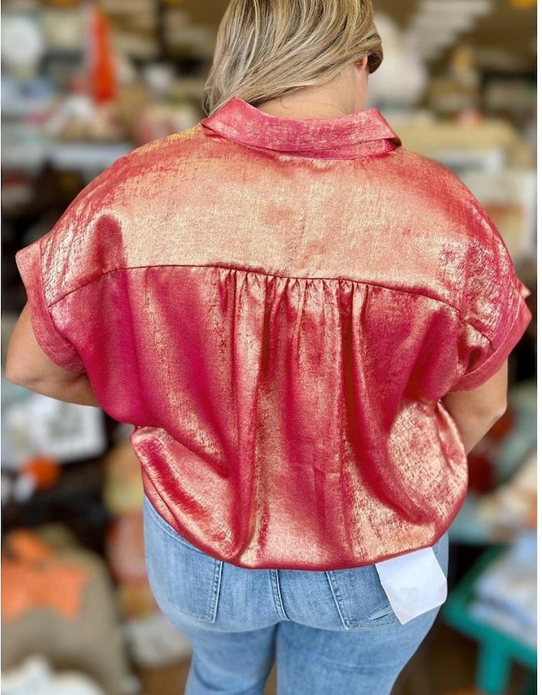 Rose Red Plus Size Metallic Sheen Short Sleeve Button Up Shirt
