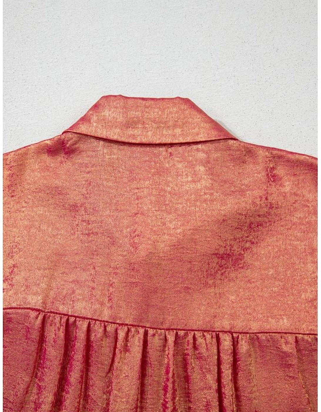 Rose Red Plus Size Metallic Sheen Short Sleeve Button Up Shirt