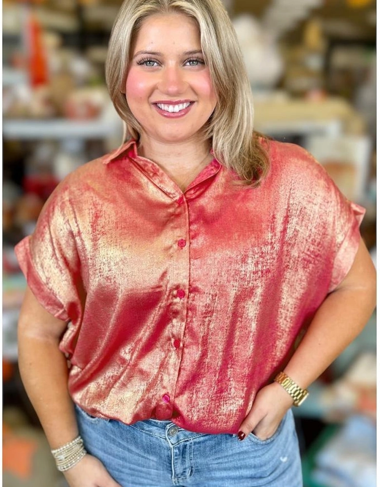 Rose Red Plus Size Metallic Sheen Short Sleeve Button Up Shirt