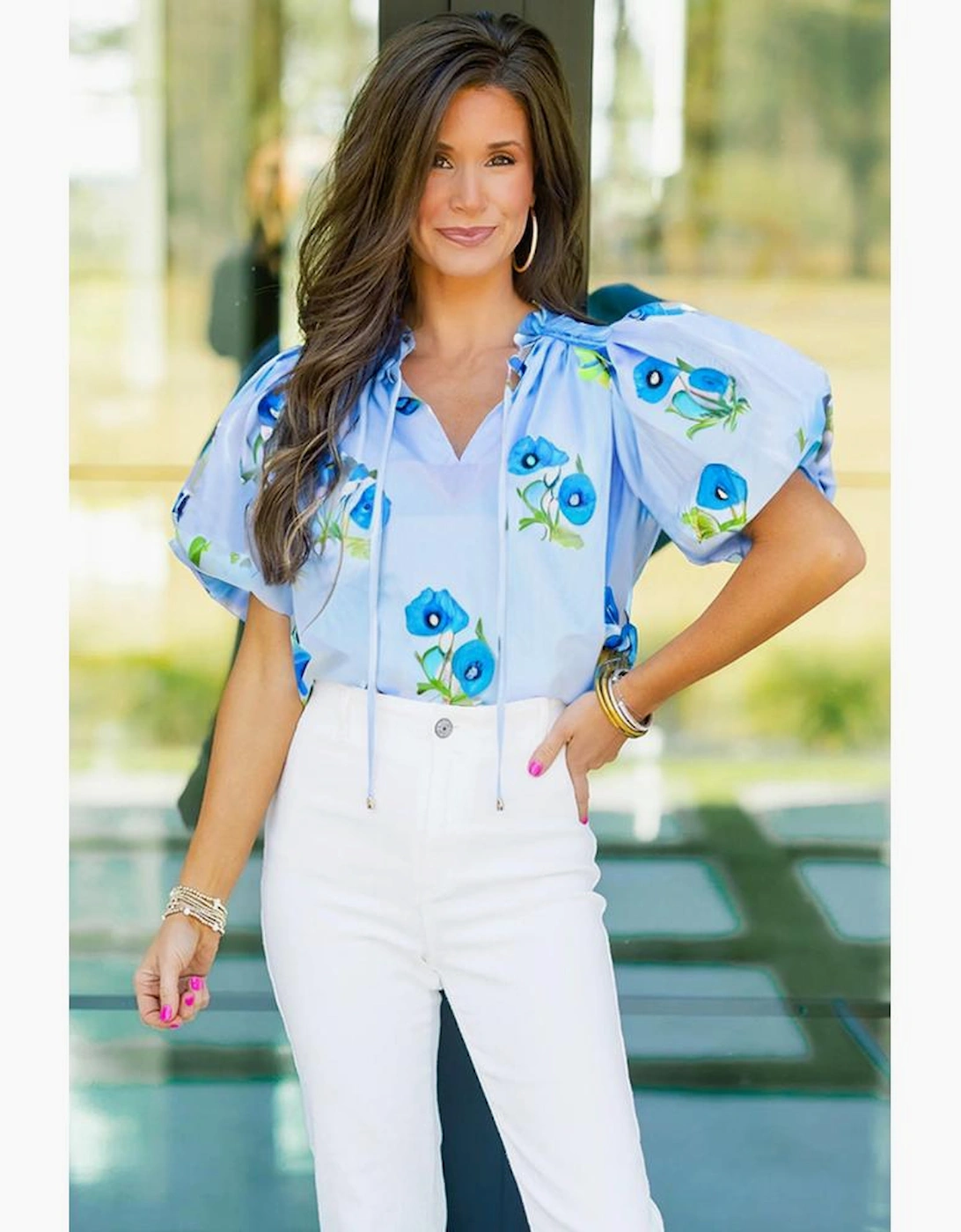 Sky Blue Floral Print Tie Split Neck Short Puff Sleeve Blouse, 12 of 11