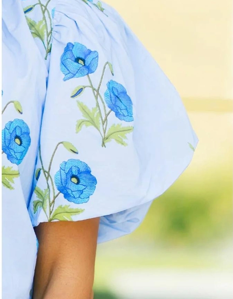 Sky Blue Floral Print Tie Split Neck Short Puff Sleeve Blouse