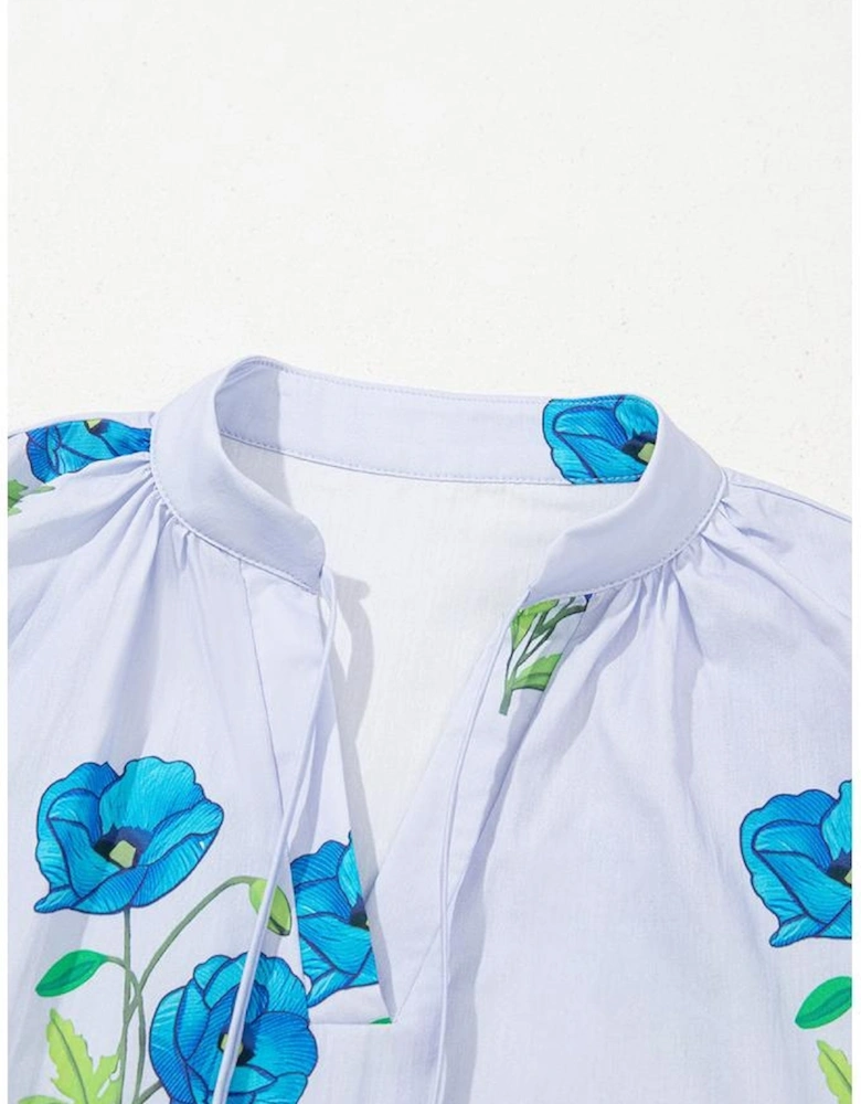 Sky Blue Floral Print Tie Split Neck Short Puff Sleeve Blouse