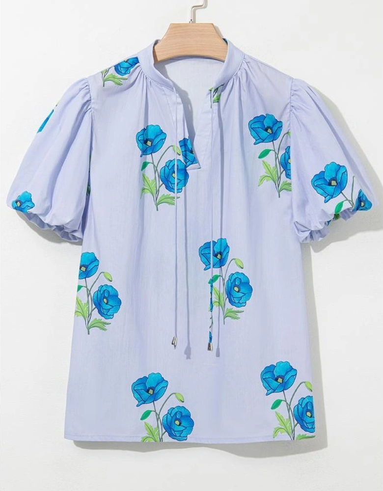 Sky Blue Floral Print Tie Split Neck Short Puff Sleeve Blouse