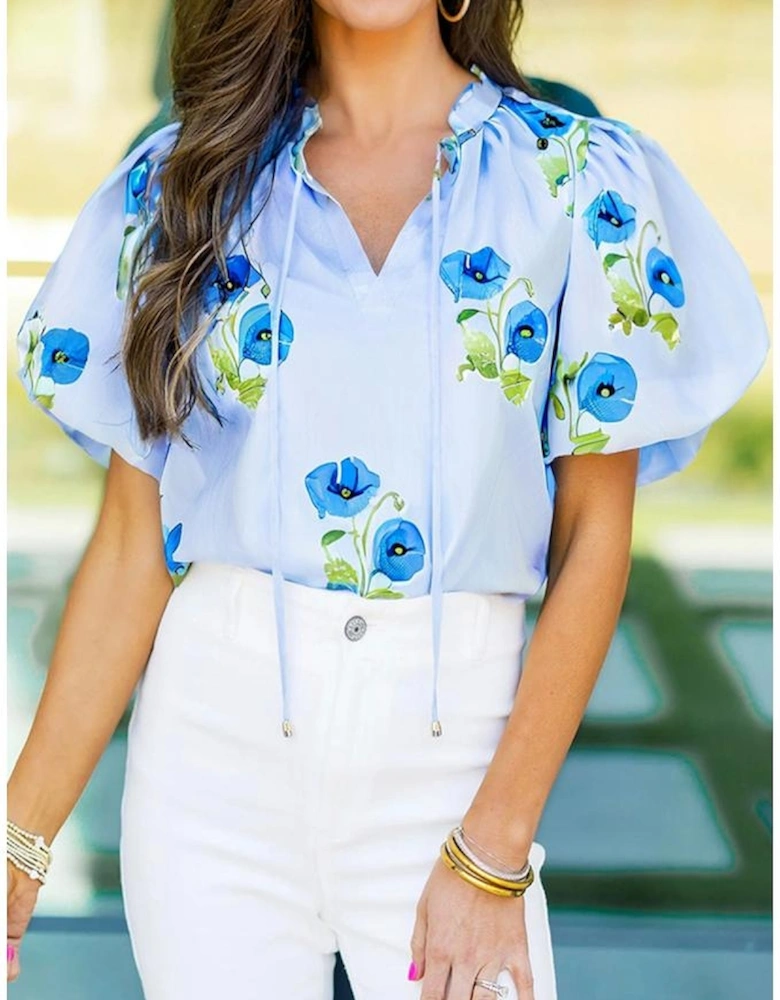 Sky Blue Floral Print Tie Split Neck Short Puff Sleeve Blouse